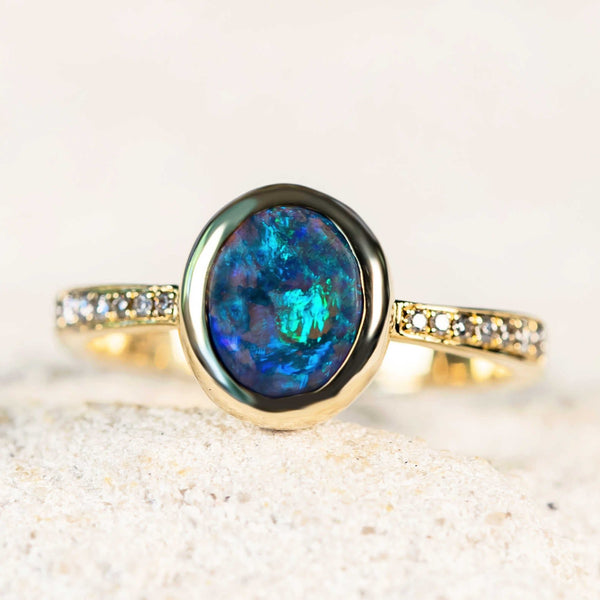 blue and green dark crystal opal 14ct gold ring from Lightning Ridge