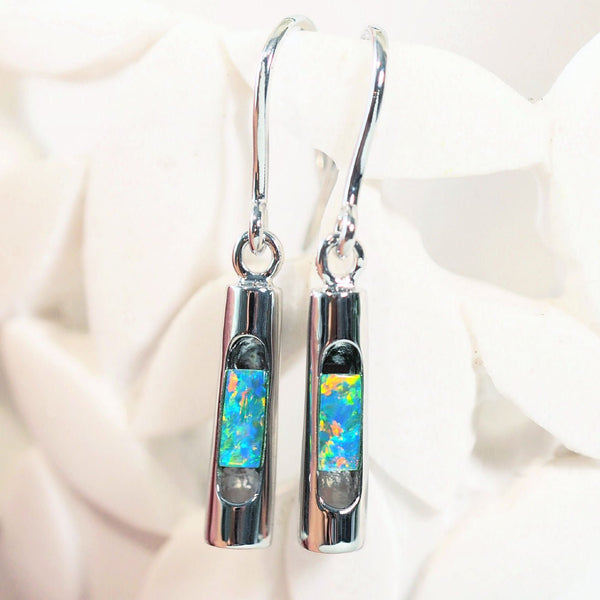 colourful rectangular australian doublet opal earrings set in silver