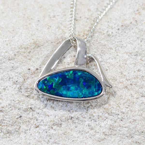 'Savara' Silver Australian Doublet Opal Necklace Pendant - Black Star Opal