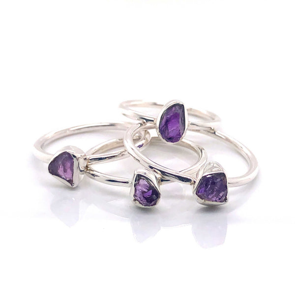 Silver Amethyst Stackable Gemstone Ring - Black Star Opal