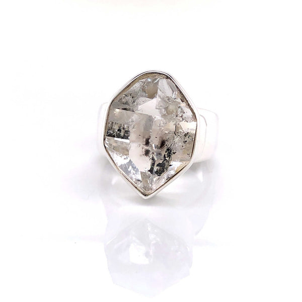 Silver Herkimer Diamond Quartz Gemstone Ring - Black Star Opal