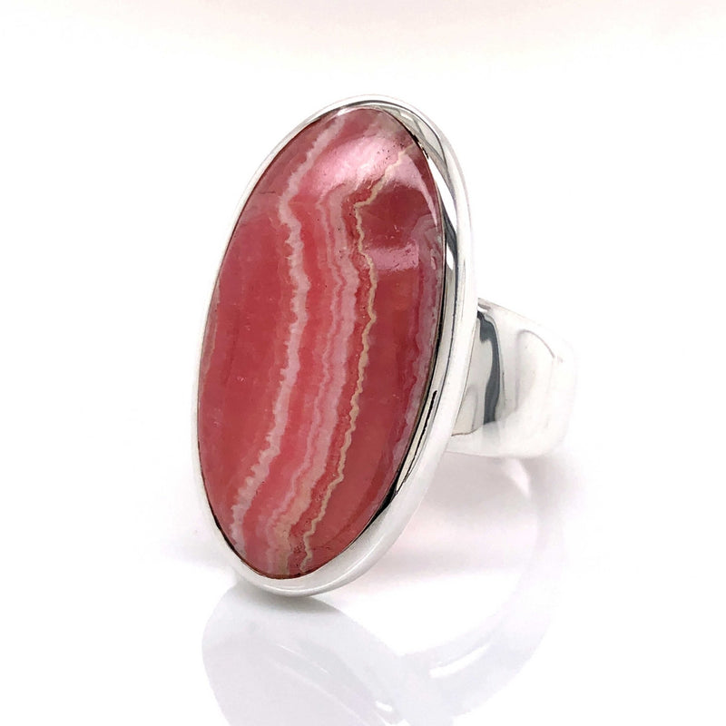 Silver Rhodochrosite Gemstone Ring - Black Star Opal