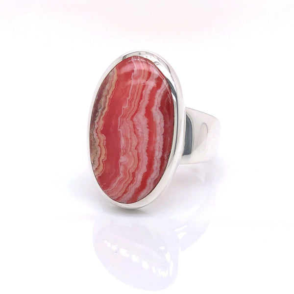 Silver Rhodochrosite Gemstone Ring - Black Star Opal