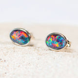 bezel set triplet opal silver stud earrings