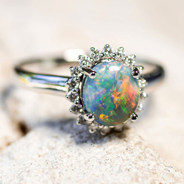 'Southern Princess' White Gold Australian Crystal Opal Ring - Black Star Opal