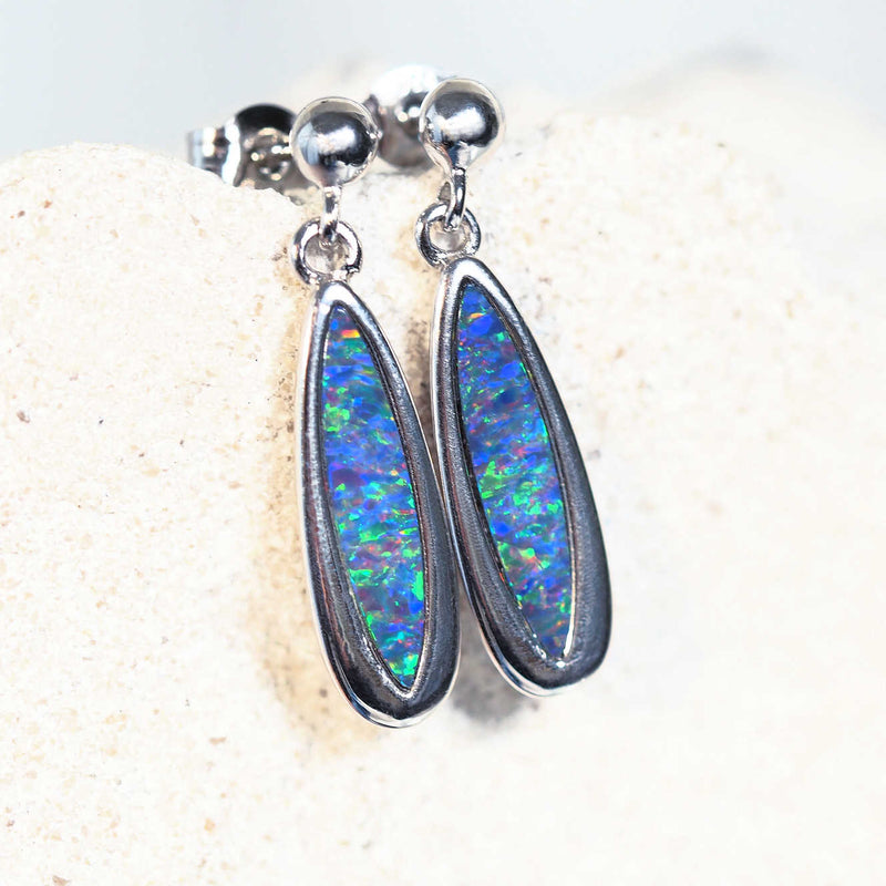 colourful drop opal earrings set in sterling silver