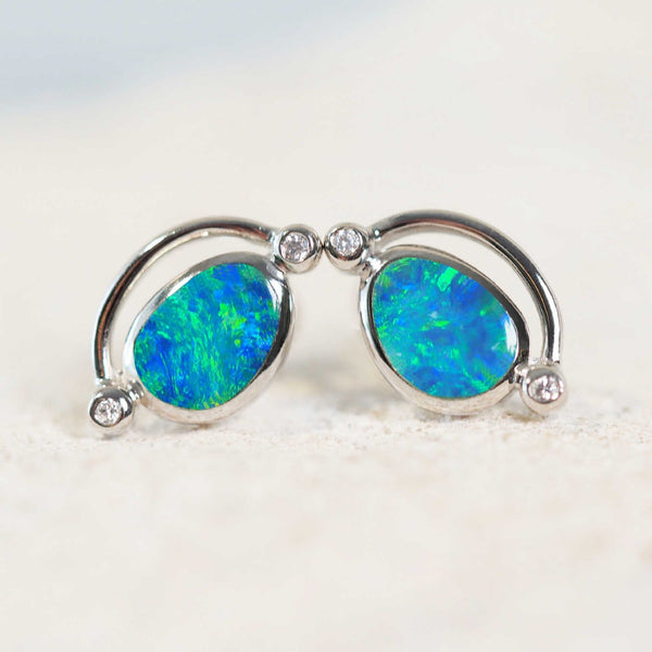 blue and green silver doublet opal earrings with 4 cubic zirconias