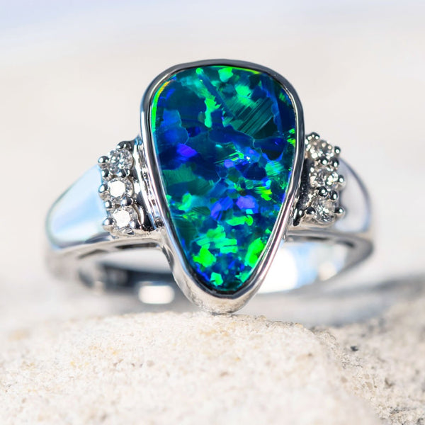 'Zuri' White Gold Australian Doublet Opal Ring - Black Star Opal